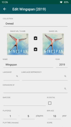 Wingspan edit page
